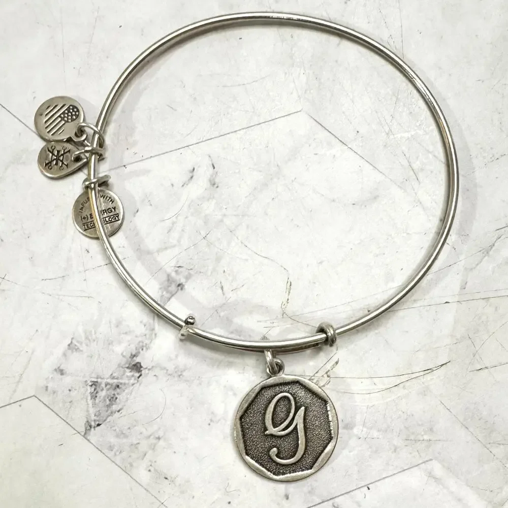 Alex And Ani Charm Bracelets Silver Tone Compass G Initial Bamboo Link Lot of 3